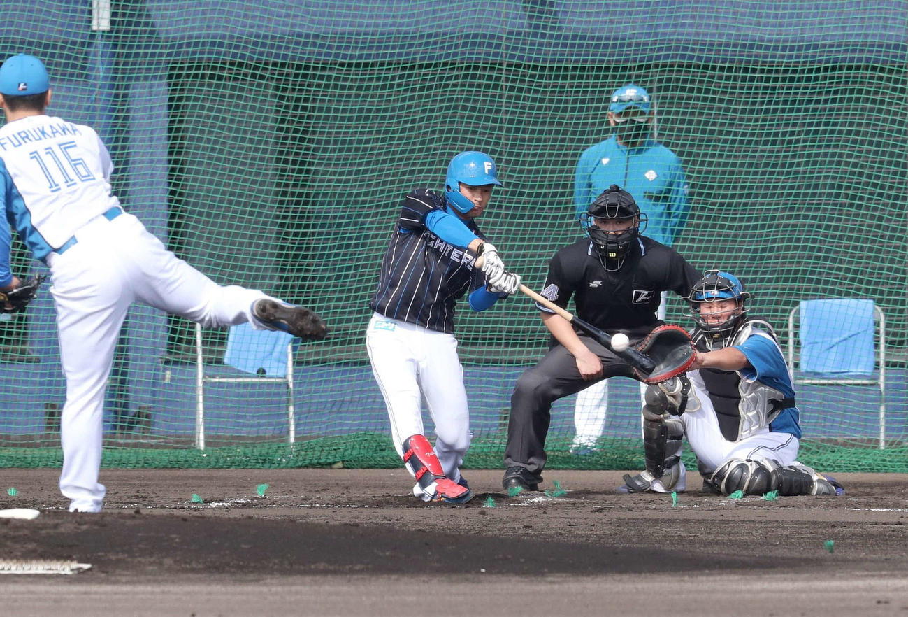 紅白戦　赤組1死満塁、左越え2点適時二塁打を放つ水野（撮影・黒川智章）
