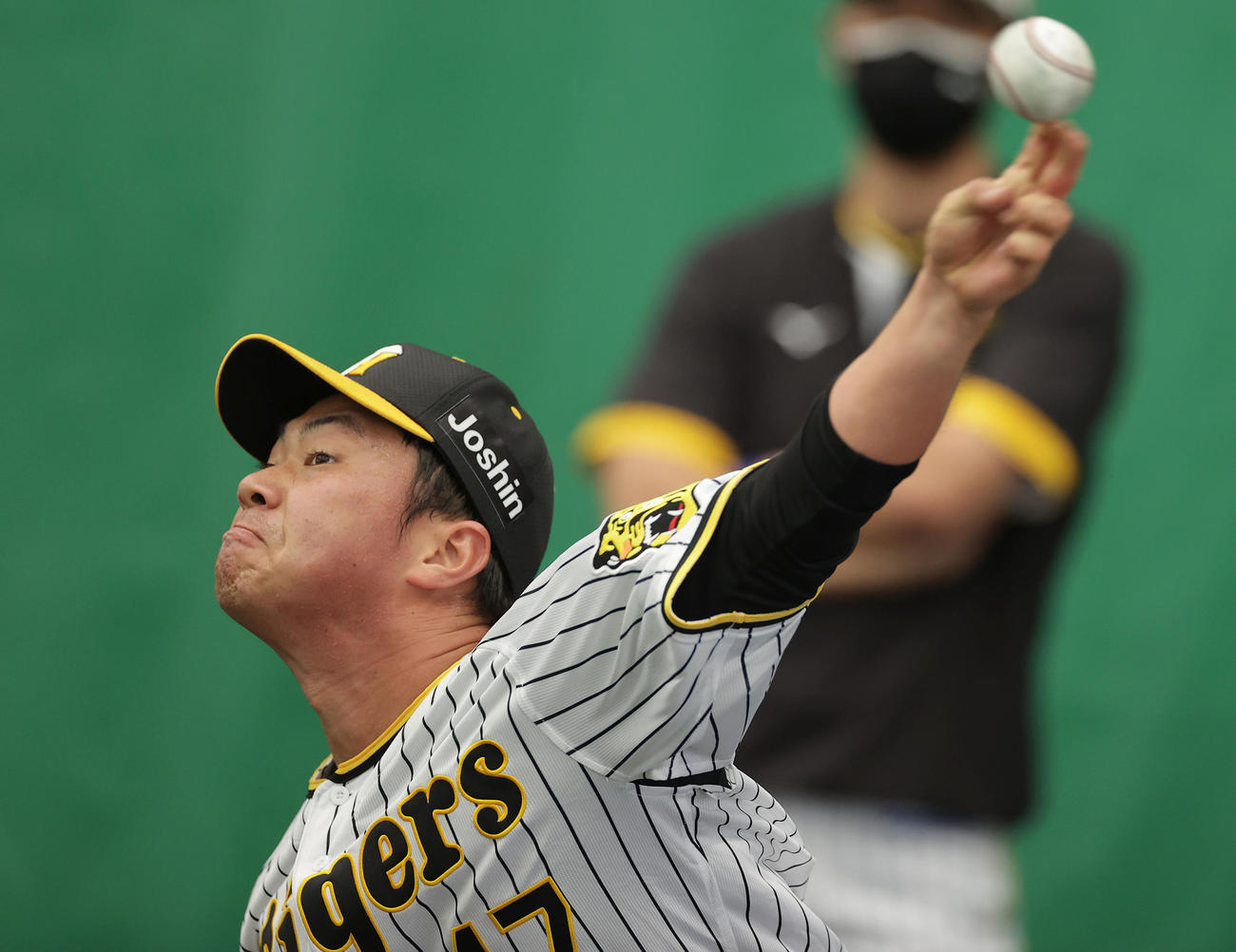 ブルペンで投球練習する阪神桐敷（撮影・前田充）