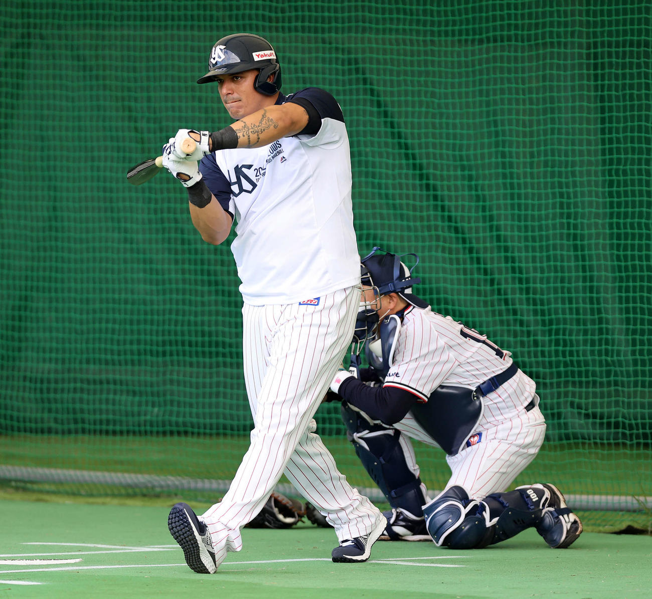 星の投球練習時、打席に入るヤクルトオスナ（撮影・鈴木正人）