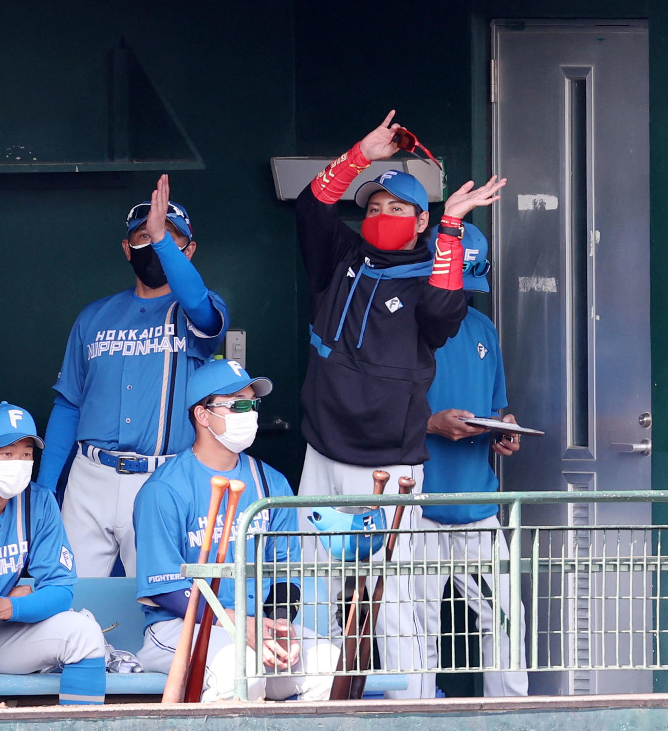 阪神対日本ハム　4回裏阪神1死、ベンチに戻った新庄監督は外野陣へ守備位置の指示を出す（撮影・加藤哉）