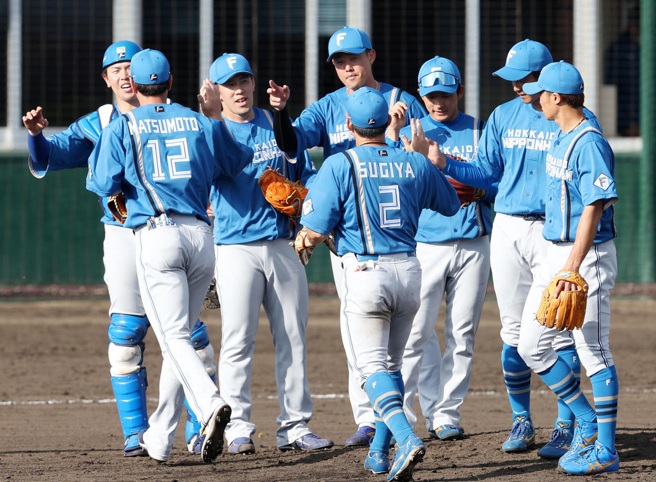 阪神対日本ハム　阪神に勝利しマウンドでタッチする日本ハムナイン（撮影・加藤哉）