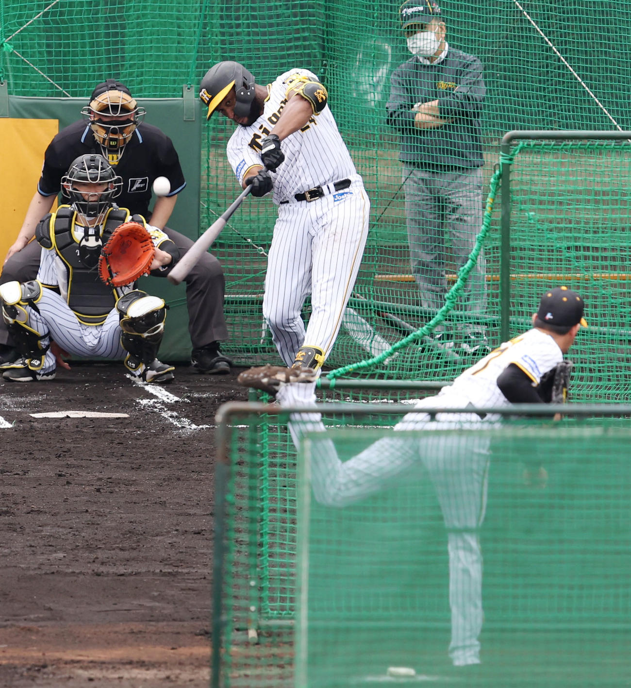 打撃投手で登板した岩貞のボールを打つロハス（撮影・加藤哉）