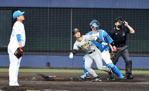 日本ハム対阪神　5回表阪神2死三塁、坂本は左越え2点本塁打を放つ。投手は福田（撮影・加藤哉）