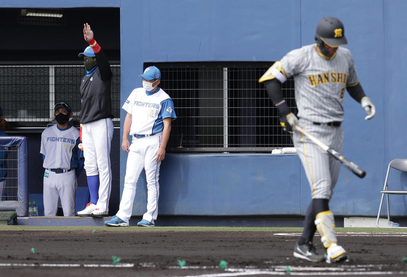 日本ハム対阪神　1回表阪神2死、佐藤輝（右）が打席に入り、選手に指示を出す日本ハム新庄監督（左から2人目）（撮影・前田充）