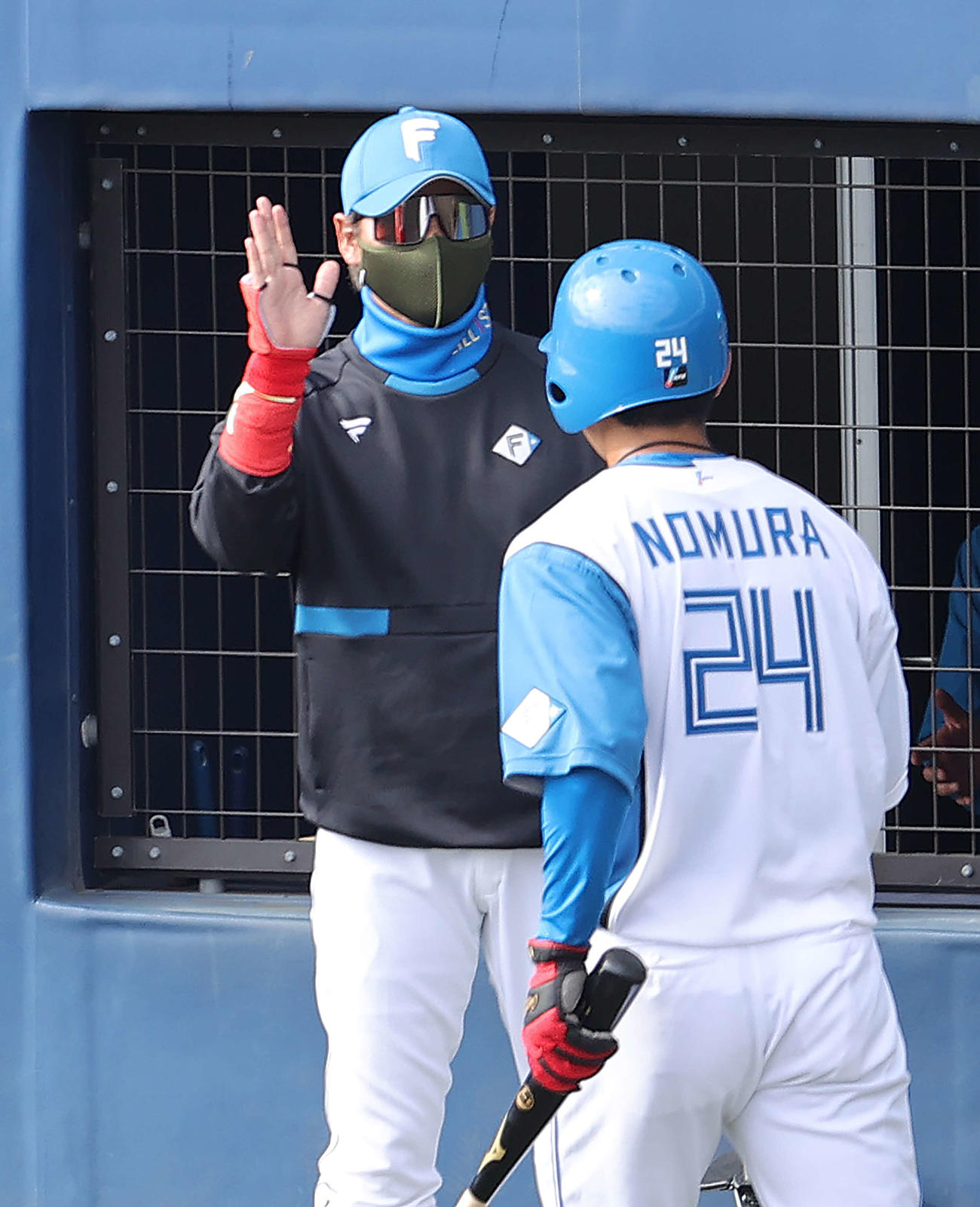 練習試合　日本ハム対阪神　7回裏日本ハム1死一、三塁、片岡の二ゴロの間に生還した野村（手前）を迎える新庄監督（撮影・河野匠）