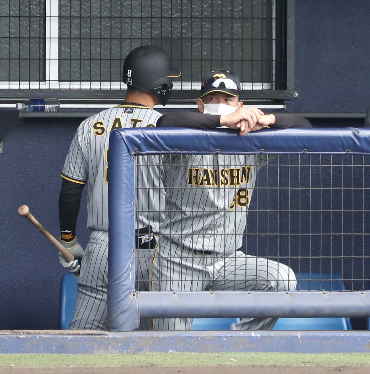 日本ハム対阪神　6回表、三振し矢野監督の後ろを通り引き揚げる佐藤輝（撮影・黒川智章）