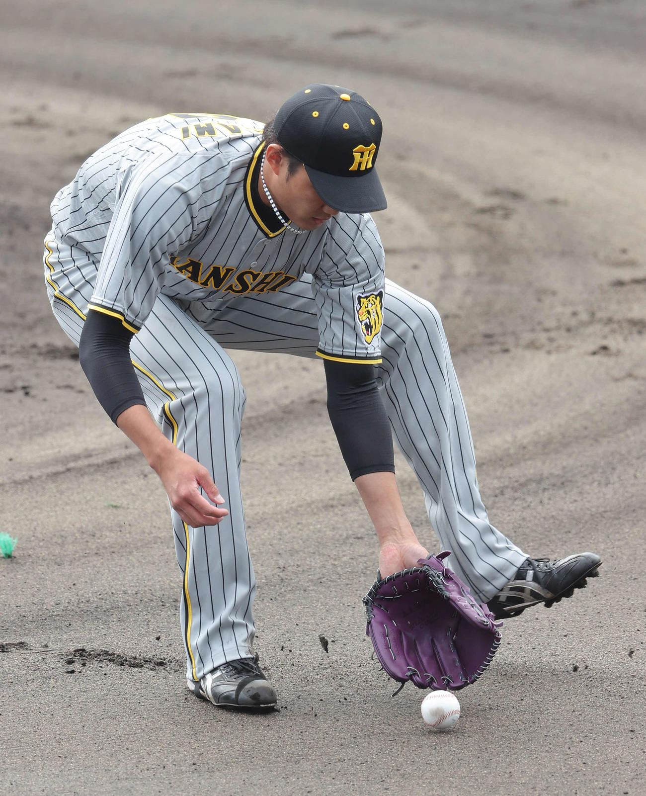 練習試合　日本ハム対阪神　1回裏日本ハム無死、上野のバント打球を処理する藤浪（撮影・河野匠）