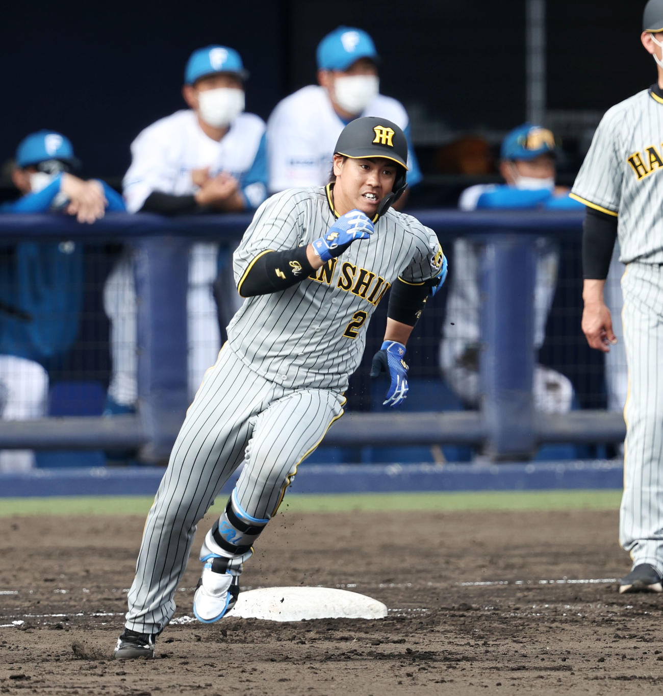 日本ハム対阪神　9回表阪神1死二塁、梅野は左中間へ適時二塁打を放つ（撮影・加藤哉）