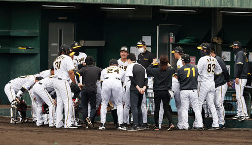阪神対楽天　試合前の円陣で声を出す阪神小野寺（撮影・加藤哉）