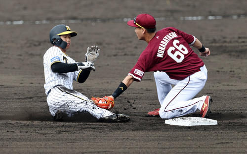 阪神対楽天　8回裏阪神1死一塁、一塁走者島田は打者江越のとき二盗失敗。野手は村林（撮影・加藤哉）