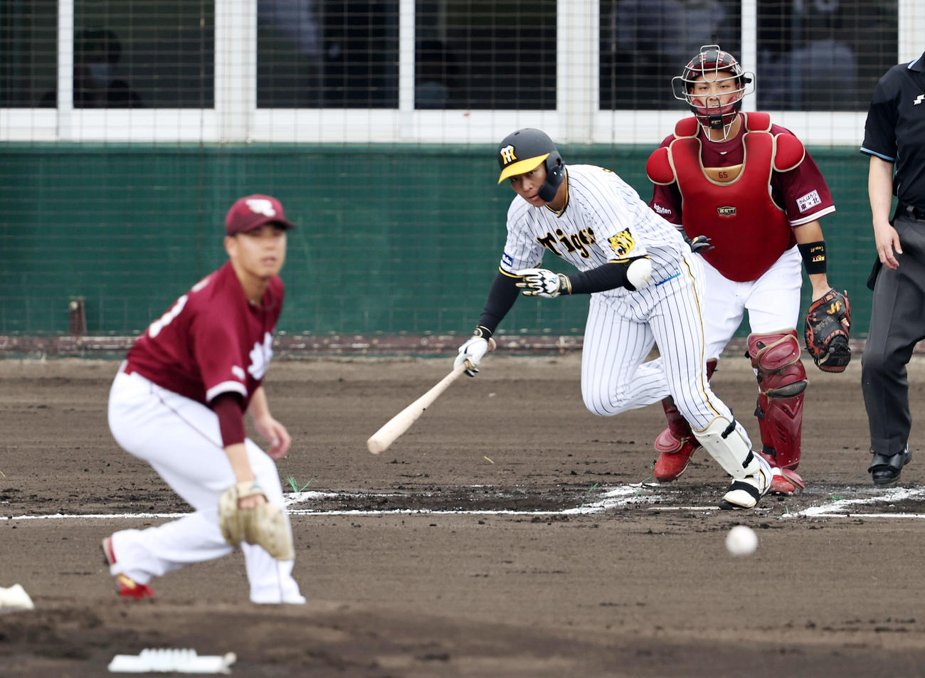 阪神対楽天　9回裏阪神1死、佐藤輝は中前打を放つ。投手は内間（撮影・加藤哉）