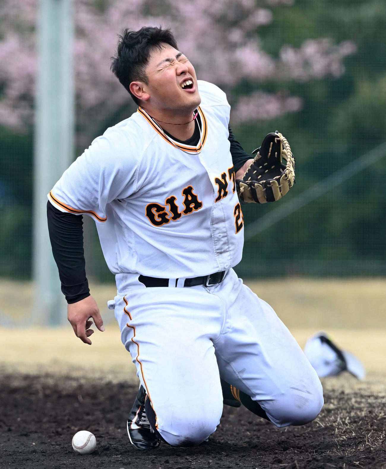 守備練習で捕球出来ず悔しそうな表情を見せる巨人岡本和（撮影・たえ見朱実）