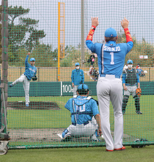 練習試合　楽天対日本ハム　新庄監督（手前）が見つめる中、ブルペンで肩をつくる古川侑（撮影・河野匠）