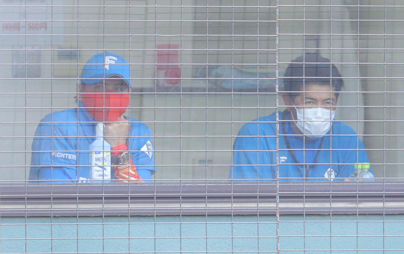 楽天対日本ハム　練習試合開始を待つ日本ハム新庄監督（左）と稲葉GM（撮影・河田真司）