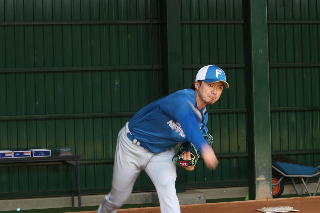 ブルペンで投球する日本ハム上沢（撮影・小林憲治）