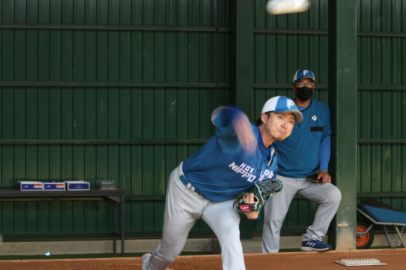 ブルペンで投球する日本ハム上沢をチェックする木田2軍監督（撮影・小林憲治）