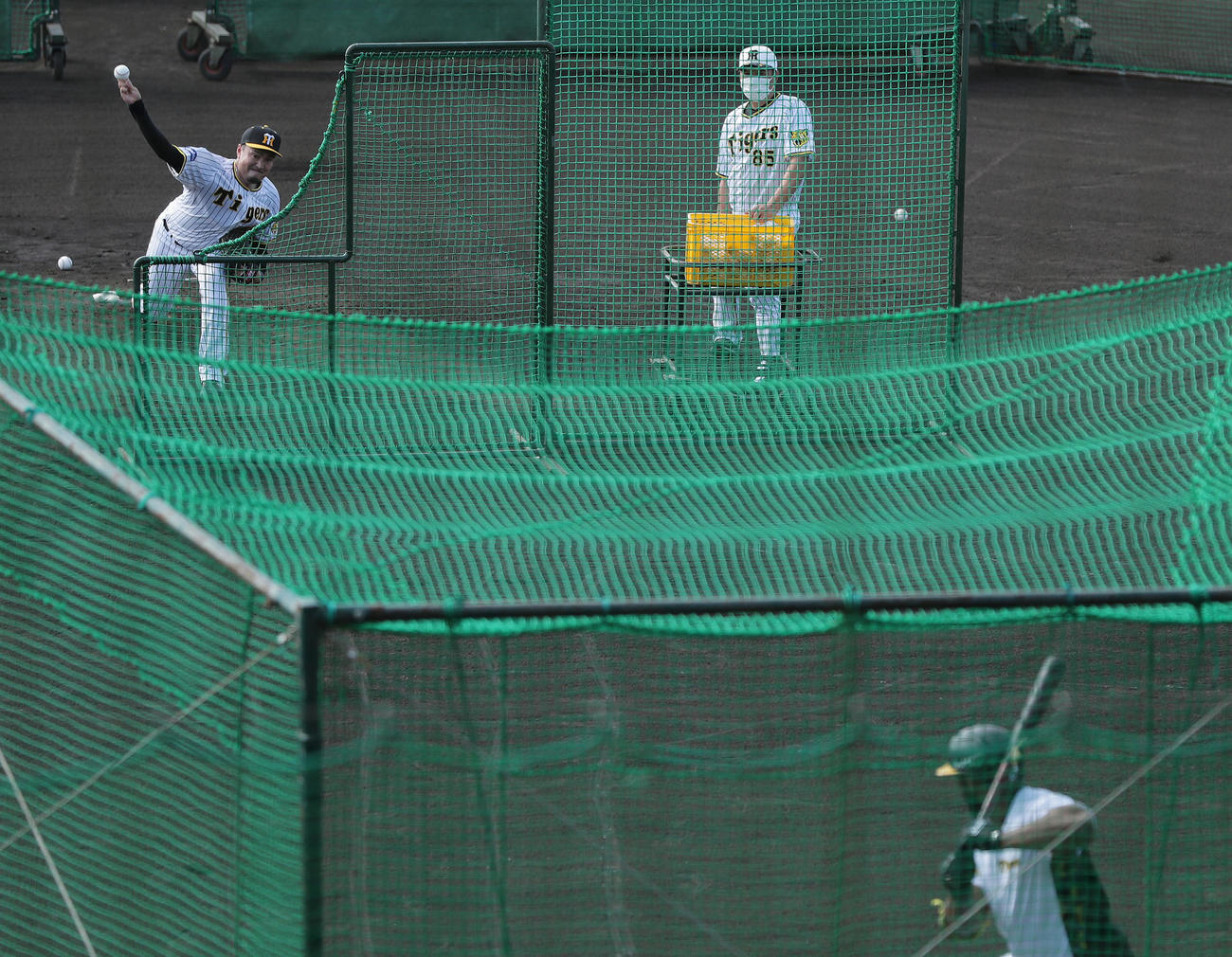 特打で打撃投手を務め、阪神ロハス（手前）に投げ込む秋山（撮影・前田充）