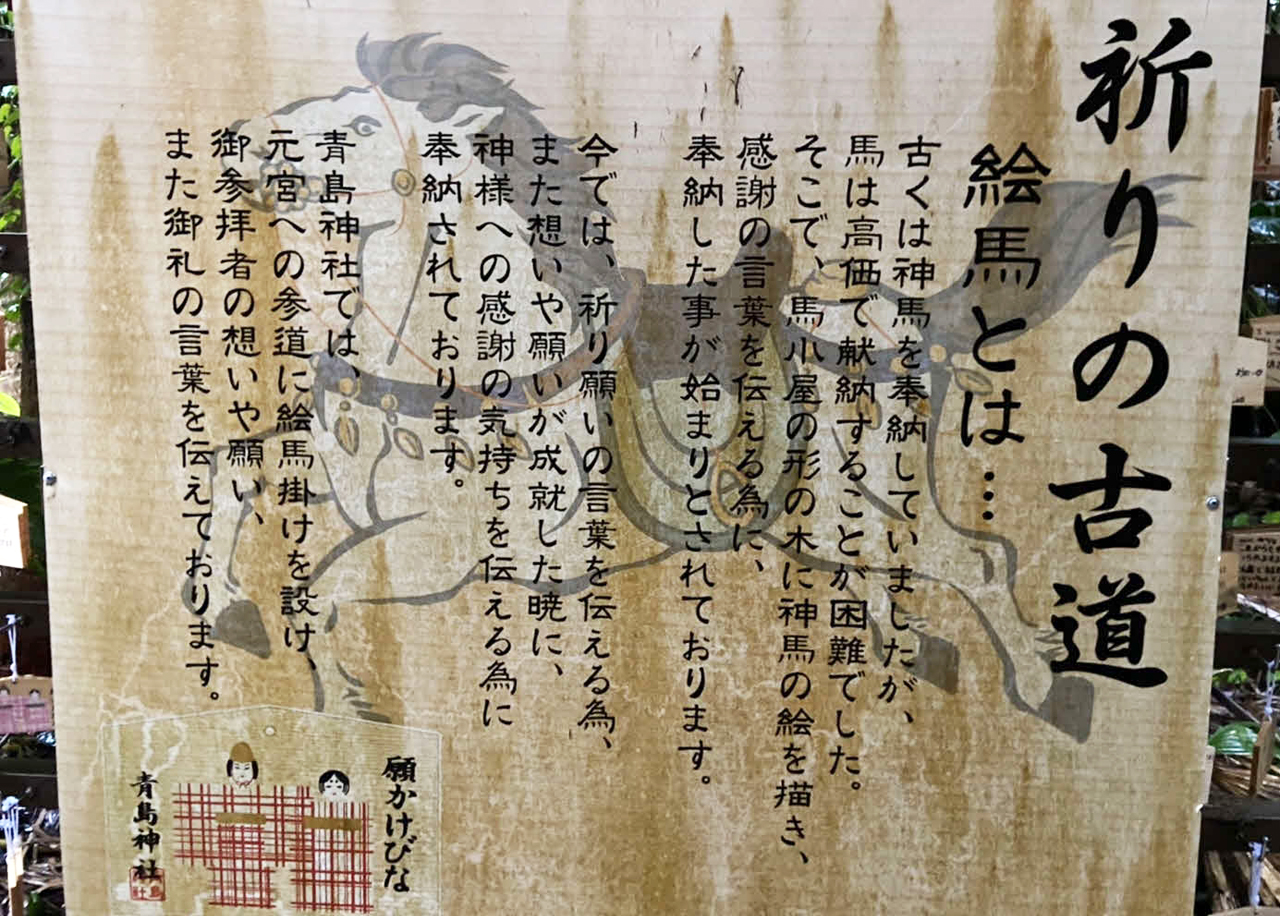 宮崎・青島神社に置かれた「絵馬とは…」を説明する看板（撮影・小早川宗一郎）
