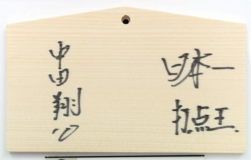 青島神社の絵馬に書かれた巨人中田の今季目標（撮影・たえ見朱実）