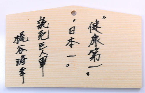 青島神社の絵馬に書かれた巨人梶谷の今季目標（撮影・たえ見朱実）
