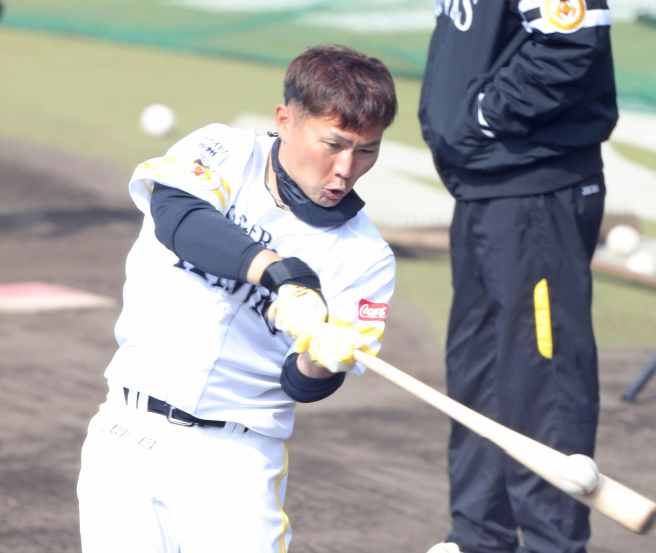春季キャンプ初日にティー打撃をする中村晃