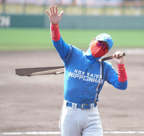 練習試合前、ファンに手を振る日本ハム新庄監督（撮影・鈴木みどり）