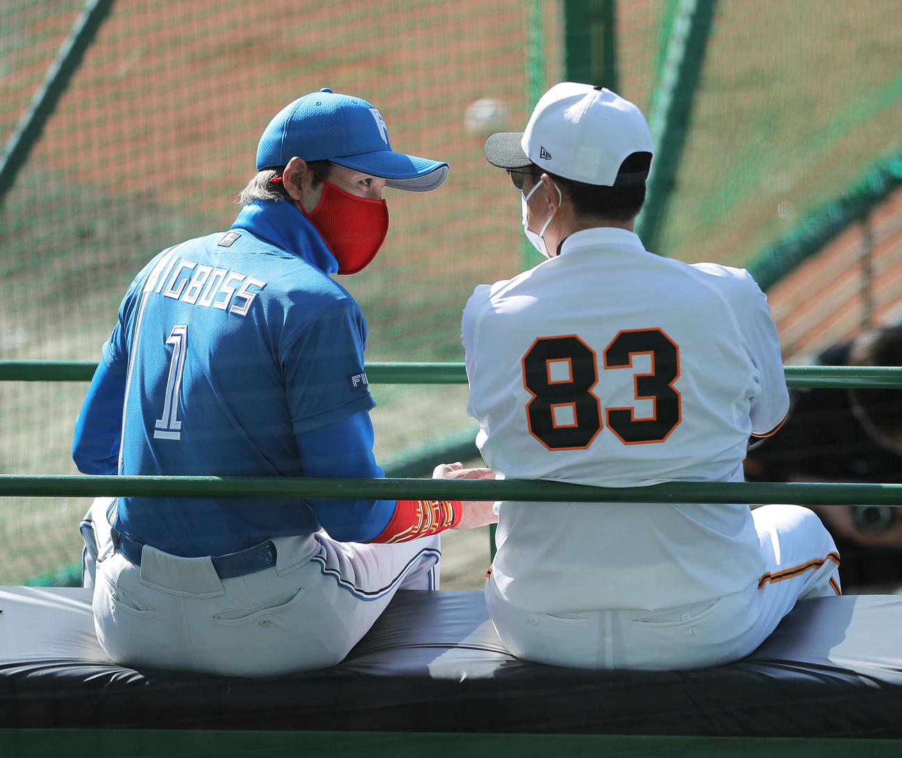 原タワーで言葉を交わす日本ハム新庄監督（左）と巨人原監督（撮影・河田真司）