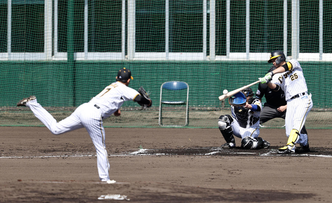 シート打撃練習で岩貞（左）から中越え3点本塁打を放つ江越（撮影・加藤哉）