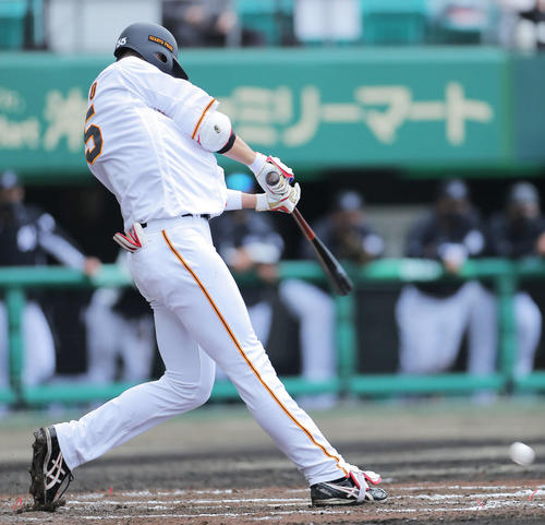 巨人対ロッテ　6回裏巨人2死一、二塁、左前適時打を放つ秋広（撮影・河田真司）