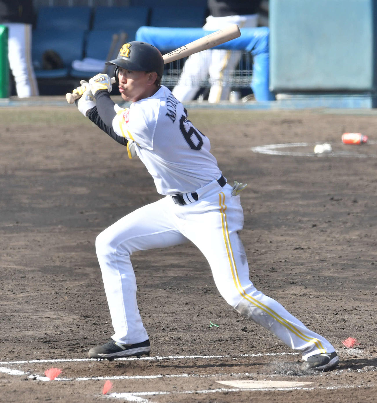 紅白戦　5回裏白組2死二塁、ソフトバンク三森は左前適時打を放つ（撮影・岩下翔太）