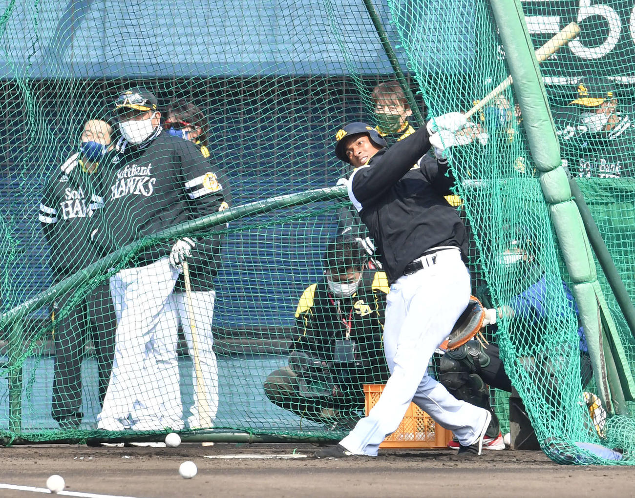16日、藤本監督（左）が見守る前でフリー打撃を行うグラシアル