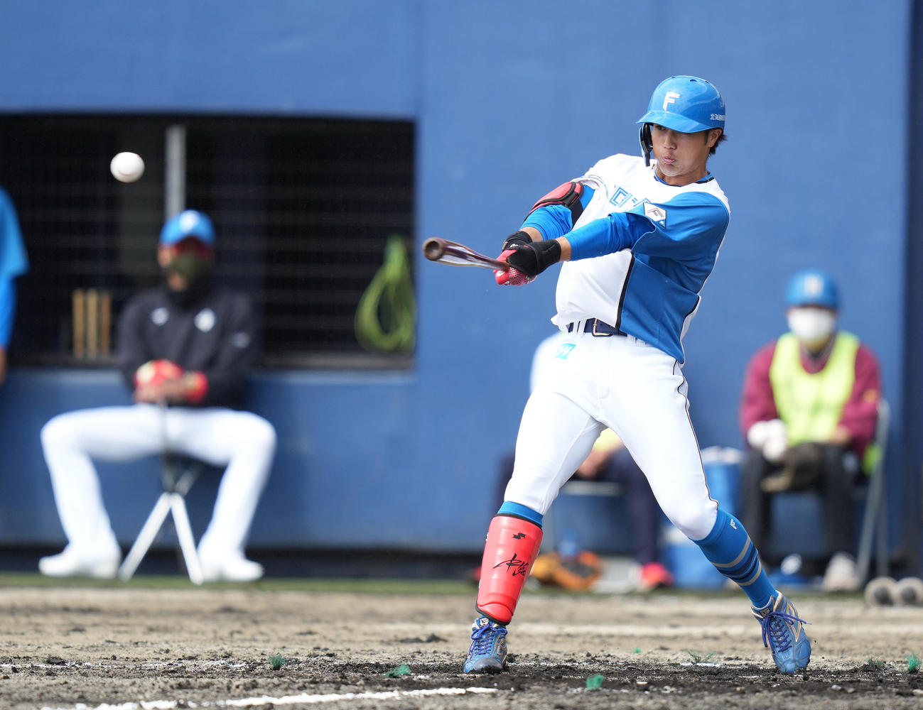 日本ハム対ロッテ　1回裏日本ハム2死、中前打を放つ細川。左は新庄監督（撮影・鈴木みどり）