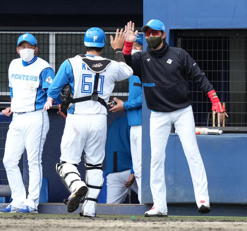 日本ハム対ロッテ　7回表を終えベンチへ戻る郡（左手前）をハイタッチで迎えるもタイミングをずらす日本ハム新庄監督（右）（撮影・鈴木みどり）