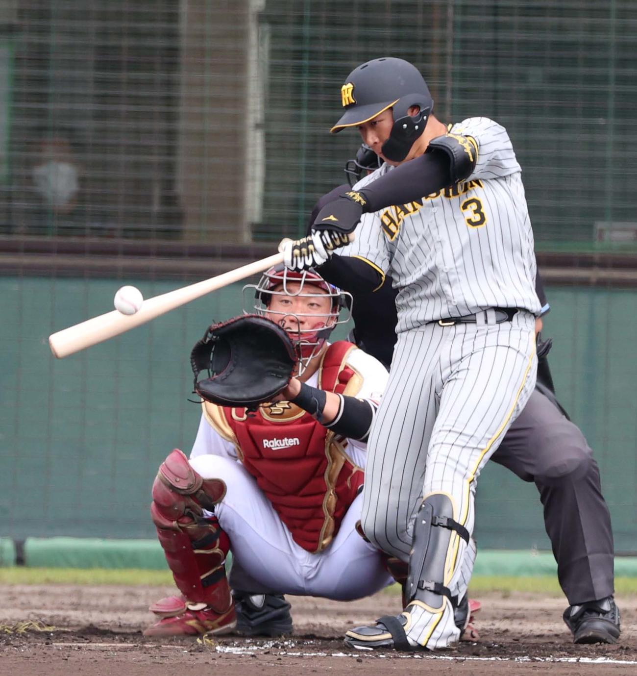 楽天対阪神　3回表阪神2死一、二塁、中前に適時打を放つ大山（撮影・上田博志）
