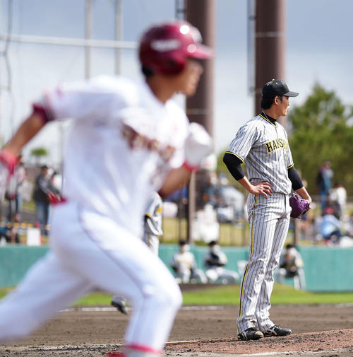 楽天対阪神　4回裏楽天無死、田中和（手前）に中越えソロ本塁打を浴び打球の行方を見つめる藤浪（撮影・江口和貴）