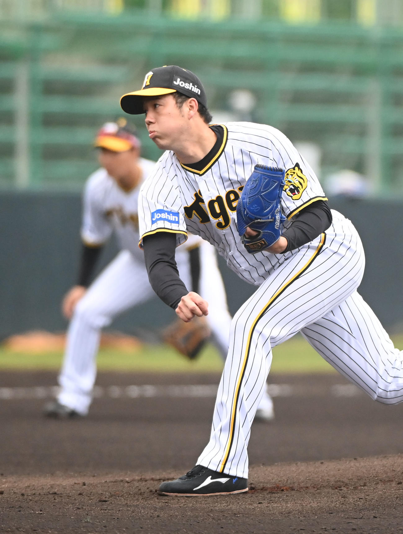 練習試合阪神対中日　1回表、登板する阪神先発の青柳（撮影・森本幸一）