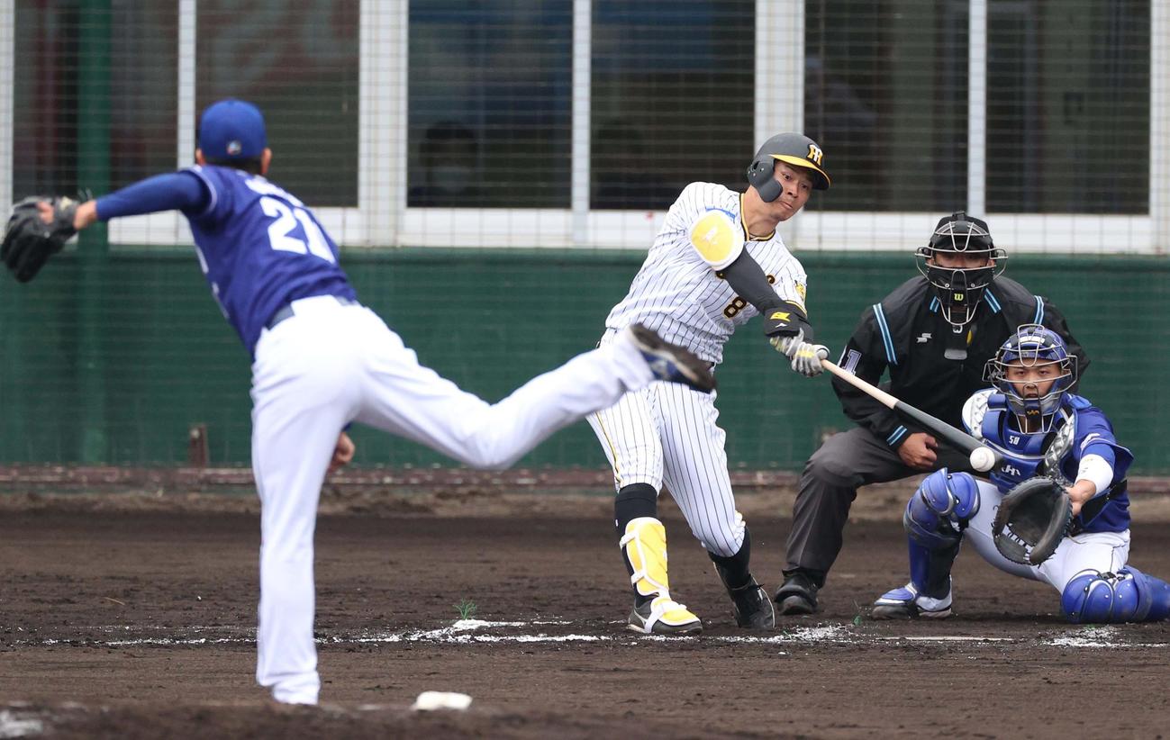 阪神対中日練習試合　7回裏阪神1死一、二塁、中前に適時打を放つ佐藤輝（撮影・上田博志）