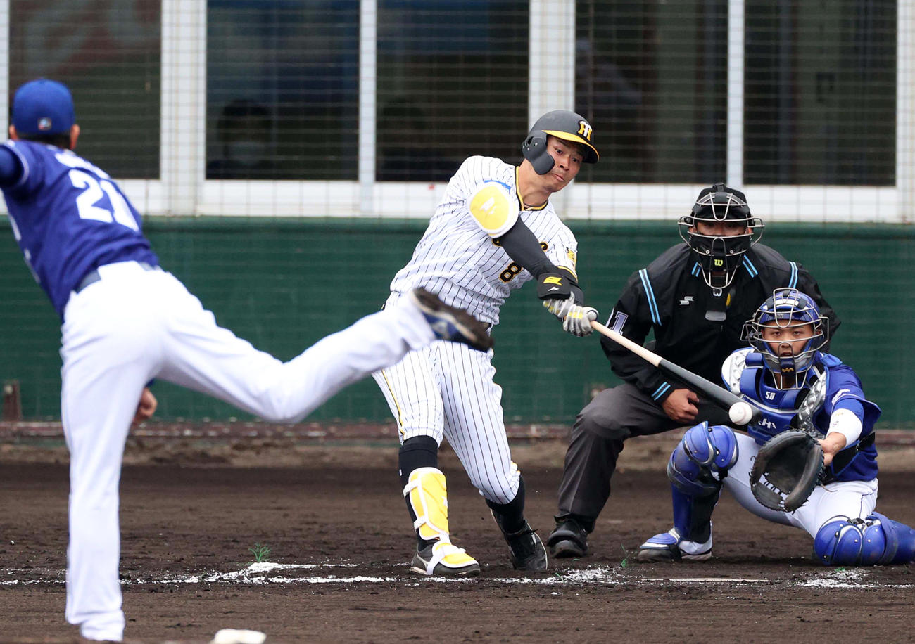 7回裏阪神1死一、二塁、中前に同点適時打を放つ阪神佐藤輝明（撮影・上田博志）