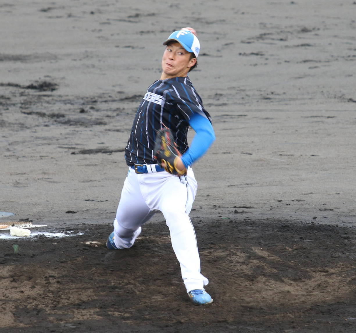 ライブBPで力投する日本ハム吉田（撮影・田中彩友美）