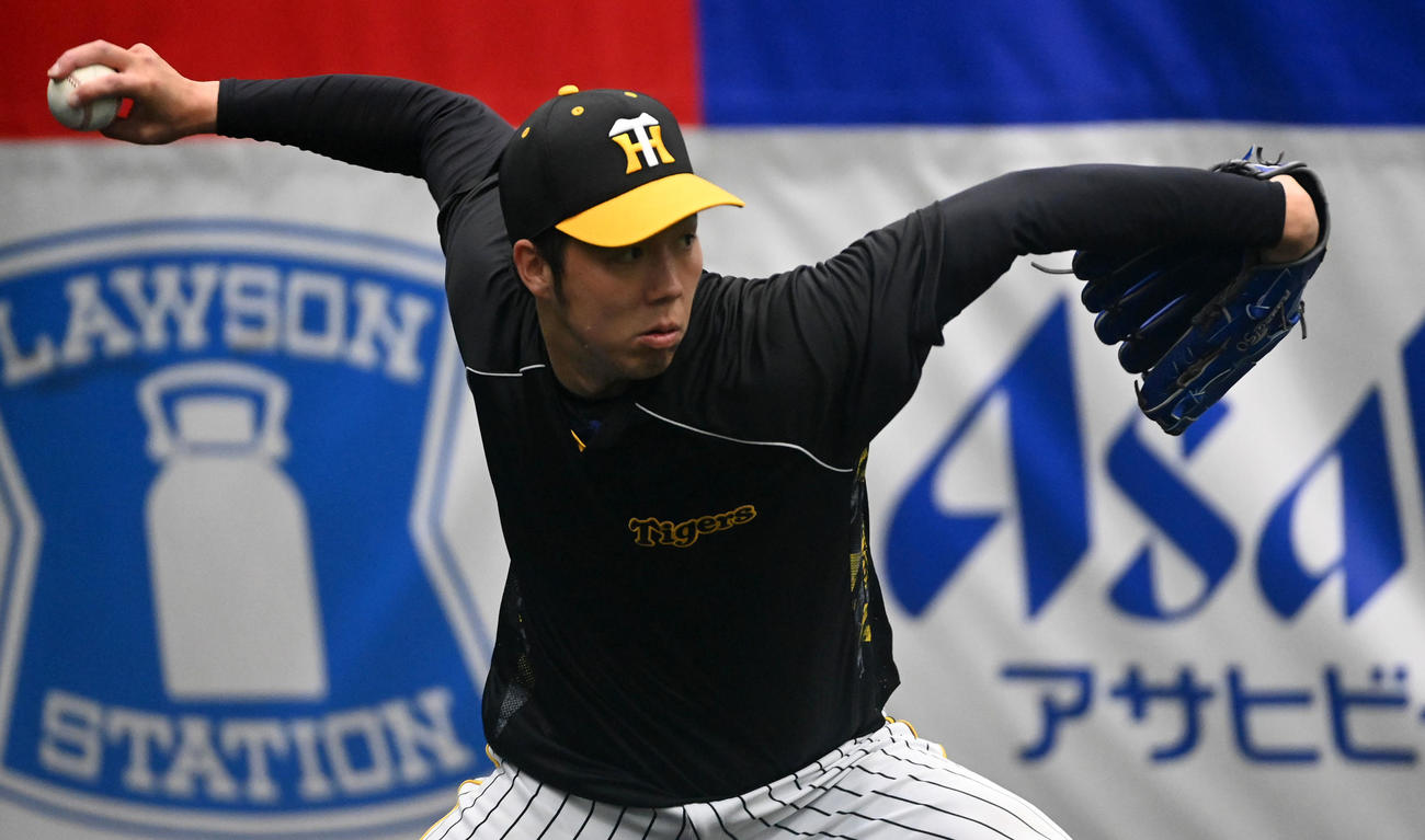 ブルペンで投球練習を行う青柳（撮影・前岡正明）
