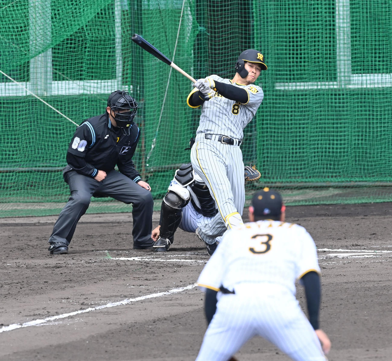 紅白戦　7回表紅組無死、佐藤輝は右越え本塁打を放つ。背中は大山（撮影・前岡正明）