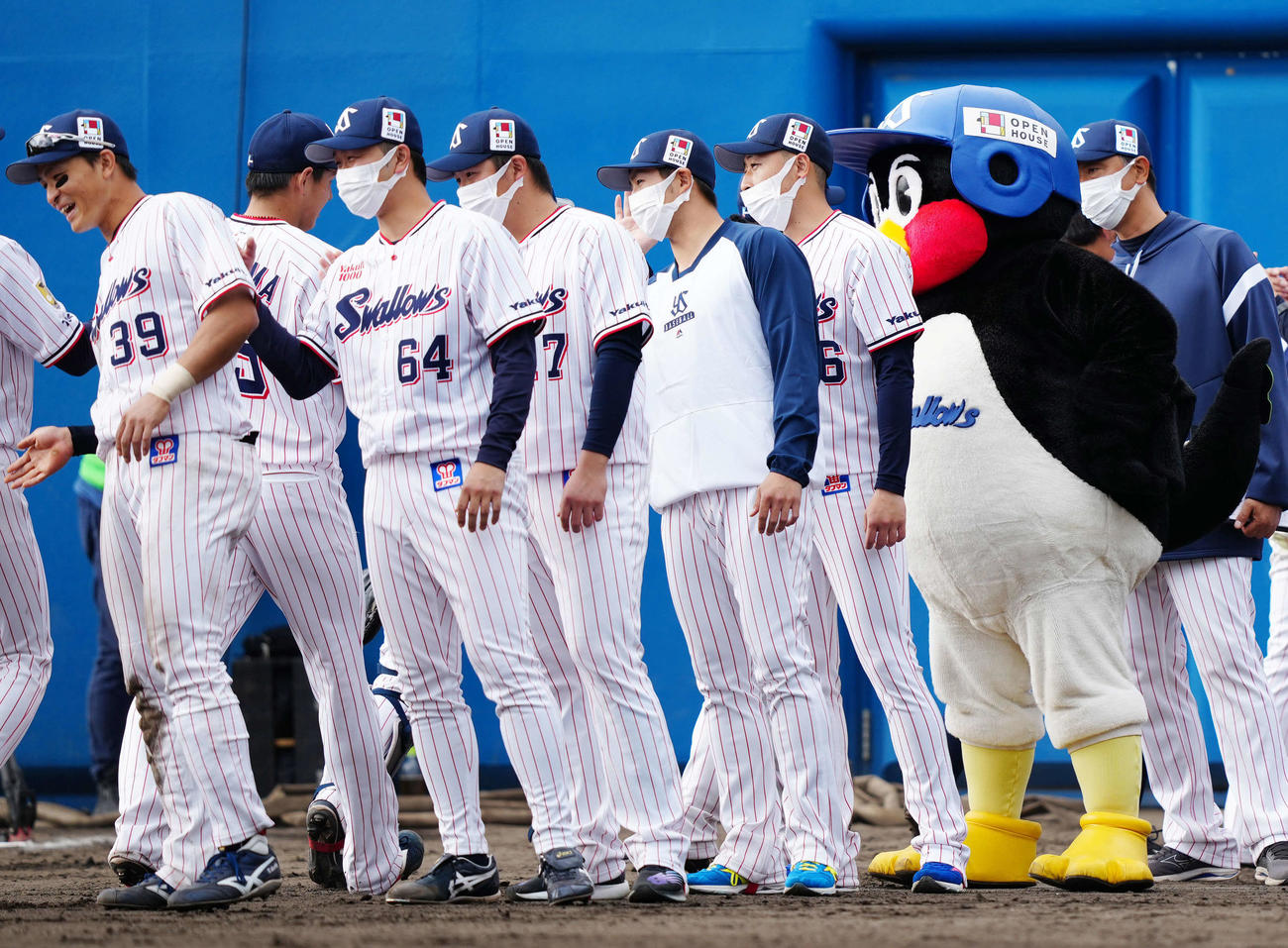 ヤクルト対楽天　楽天に勝利しタッチをかわすヤクルトの選手たち。右から伊藤投手コーチ、つば九郎、坂本、梅野、清水、大下、杉山、宮本（撮影・江口和貴）