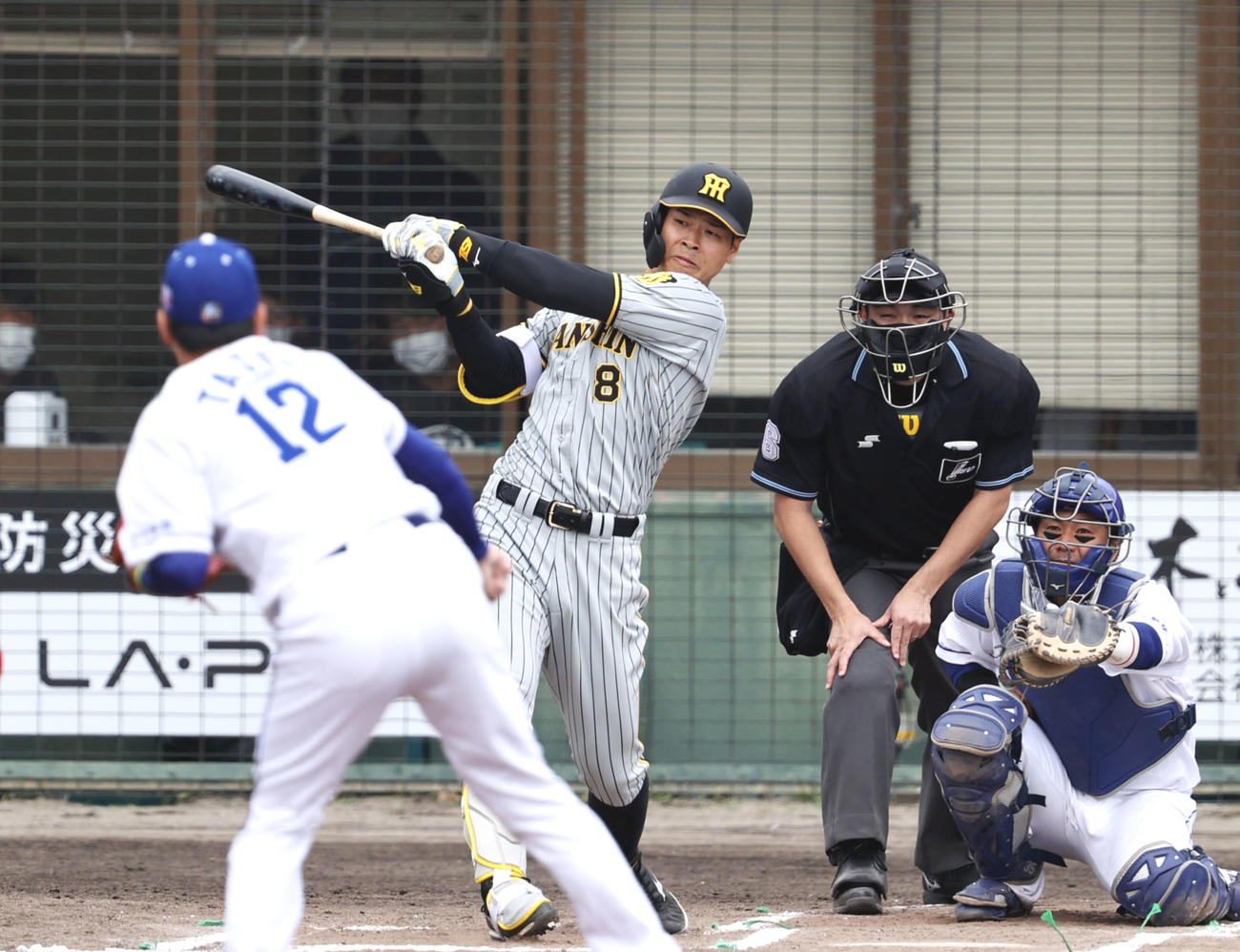 6回表阪神無死、佐藤輝は右前打を放つ。投手は田島（撮影・加藤哉）