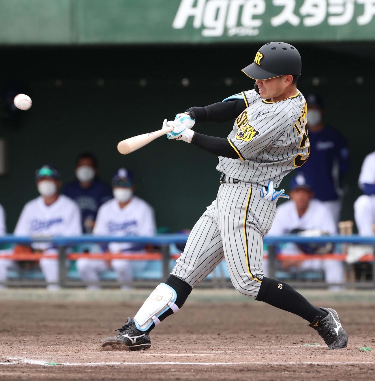 中日対阪神　5回表阪神1死三塁、ベンチから「ええやん！」のかけ声が飛ぶ中、右犠飛を放つ糸原（撮影・上田博志）