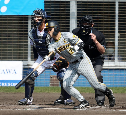 ヤクルト対阪神　3回表阪神無死二塁、坂本は右前適時打を放つ（撮影・加藤哉）