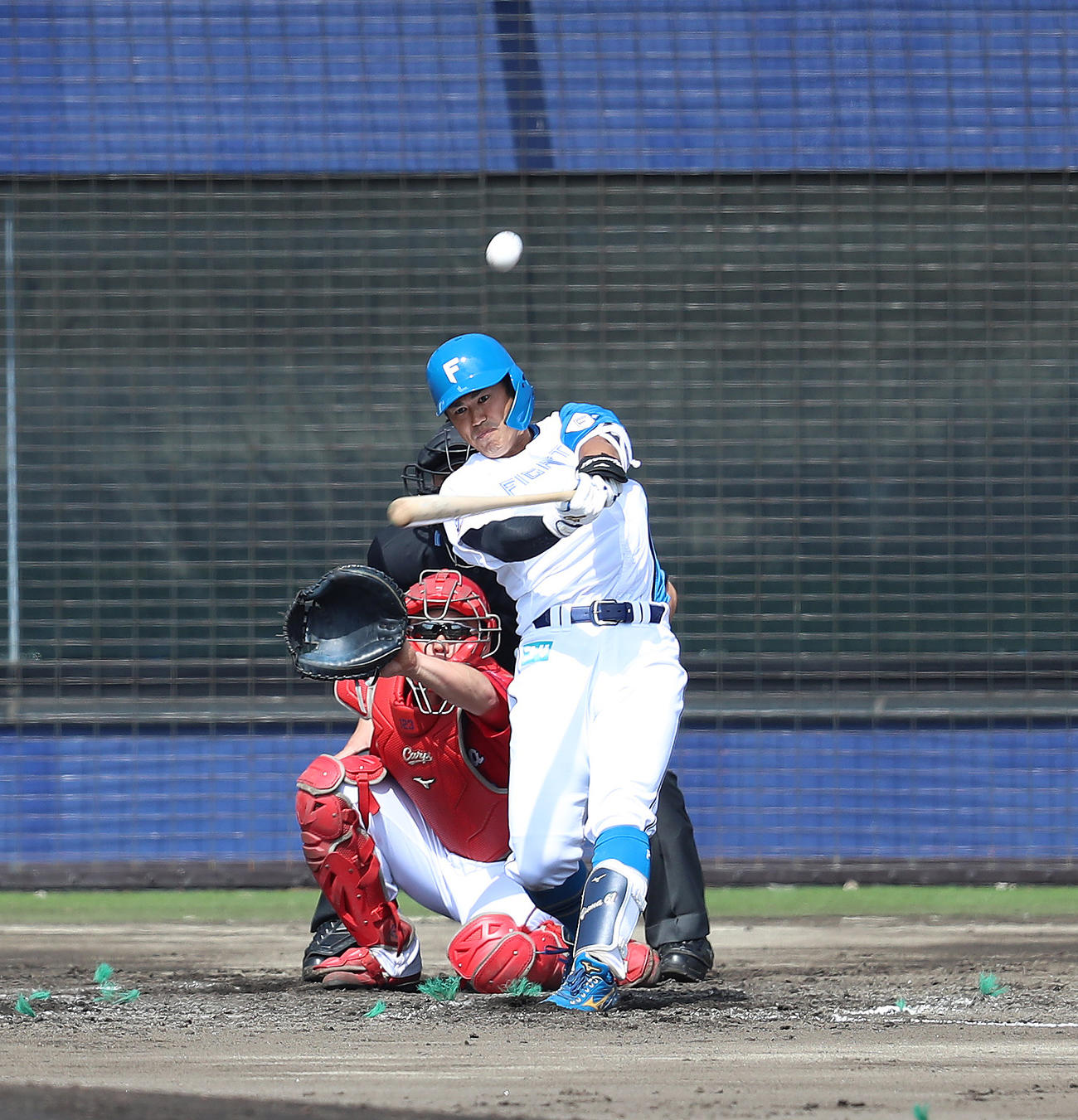 日本ハム対広島　4回裏日本ハム2死三塁、今川は左越え2点本塁打を放つ（撮影・佐藤翔太）