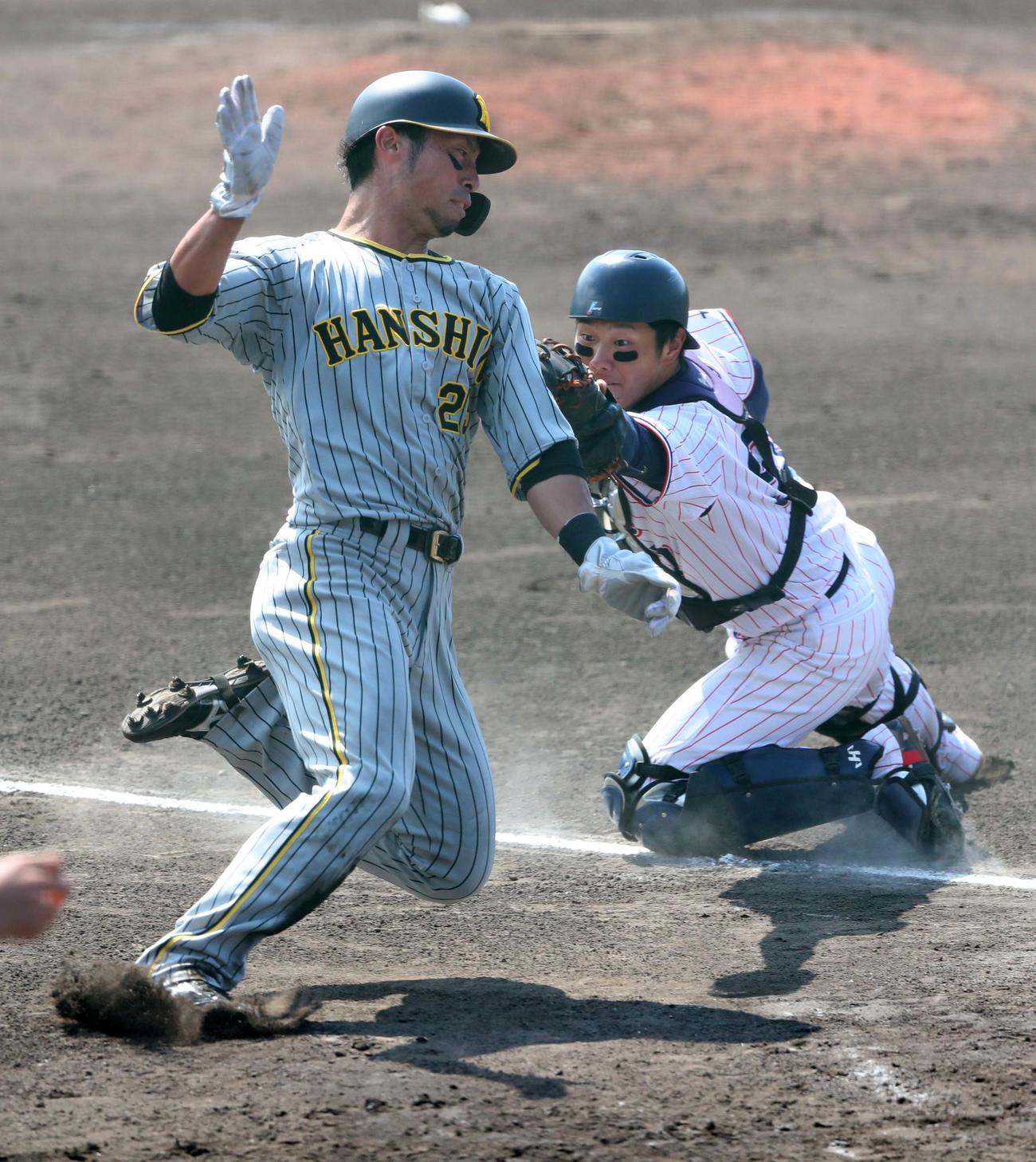 ヤクルト対阪神　坂本の右前先制適時打で生還する江越。捕手は古賀（撮影・上田博志）