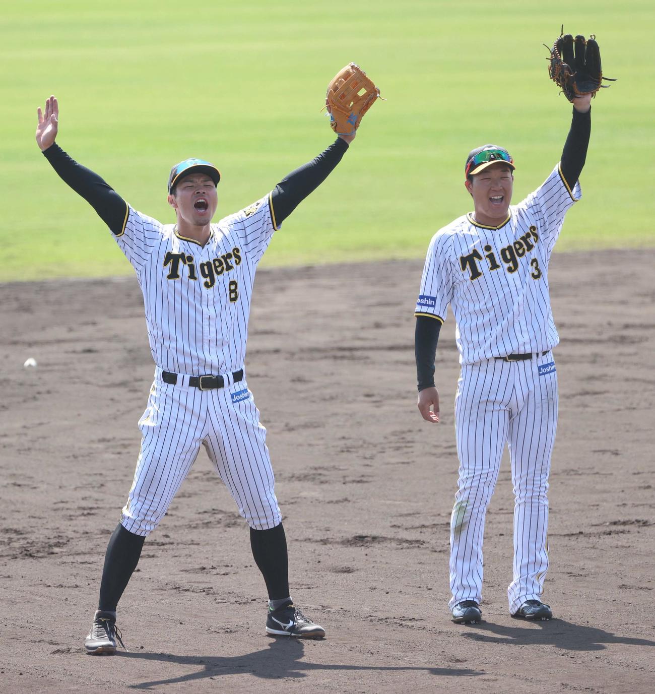 キャンプ最後のシートノックを受ける佐藤輝（左）と大山は大声を出してボールを要求する（撮影・上田博志）
