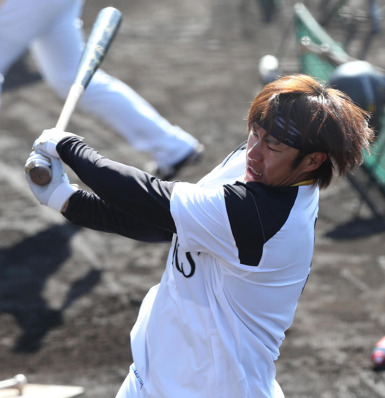 キャンプ最終日、打撃練習を行う柳田悠岐（撮影・梅根麻紀）