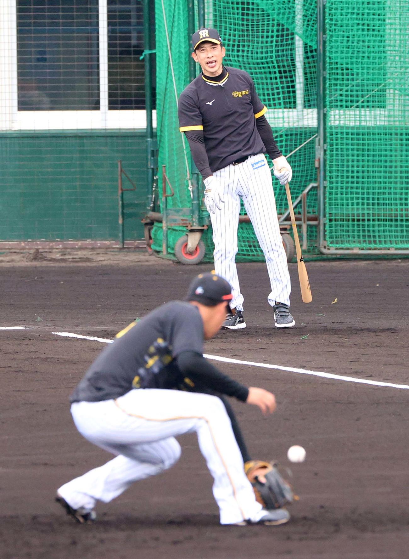 矢野監督は早出特守の大山にノックする（撮影・上田博志）